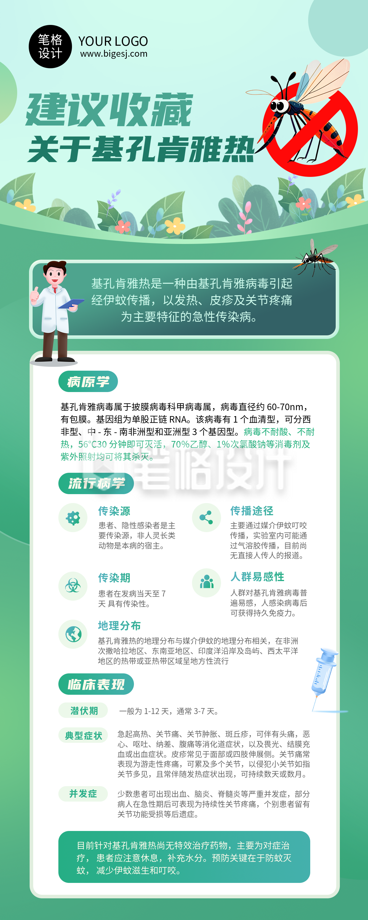 科学预防基孔肯雅热医疗知识科普绿色长图海报