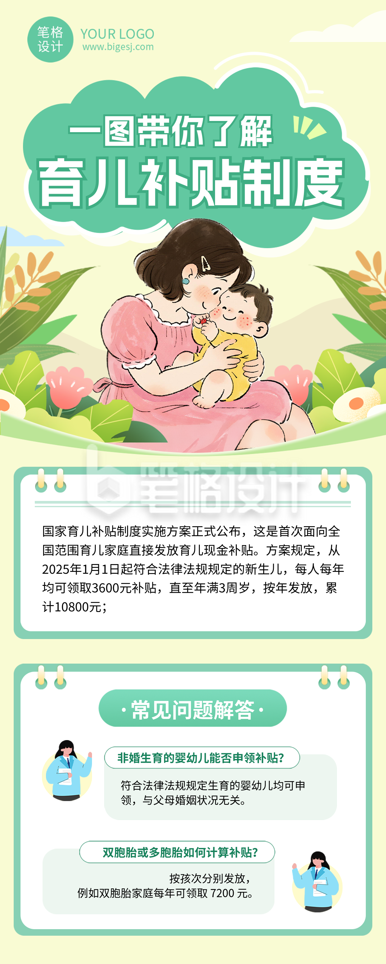育儿补贴政策解读简约长图海报