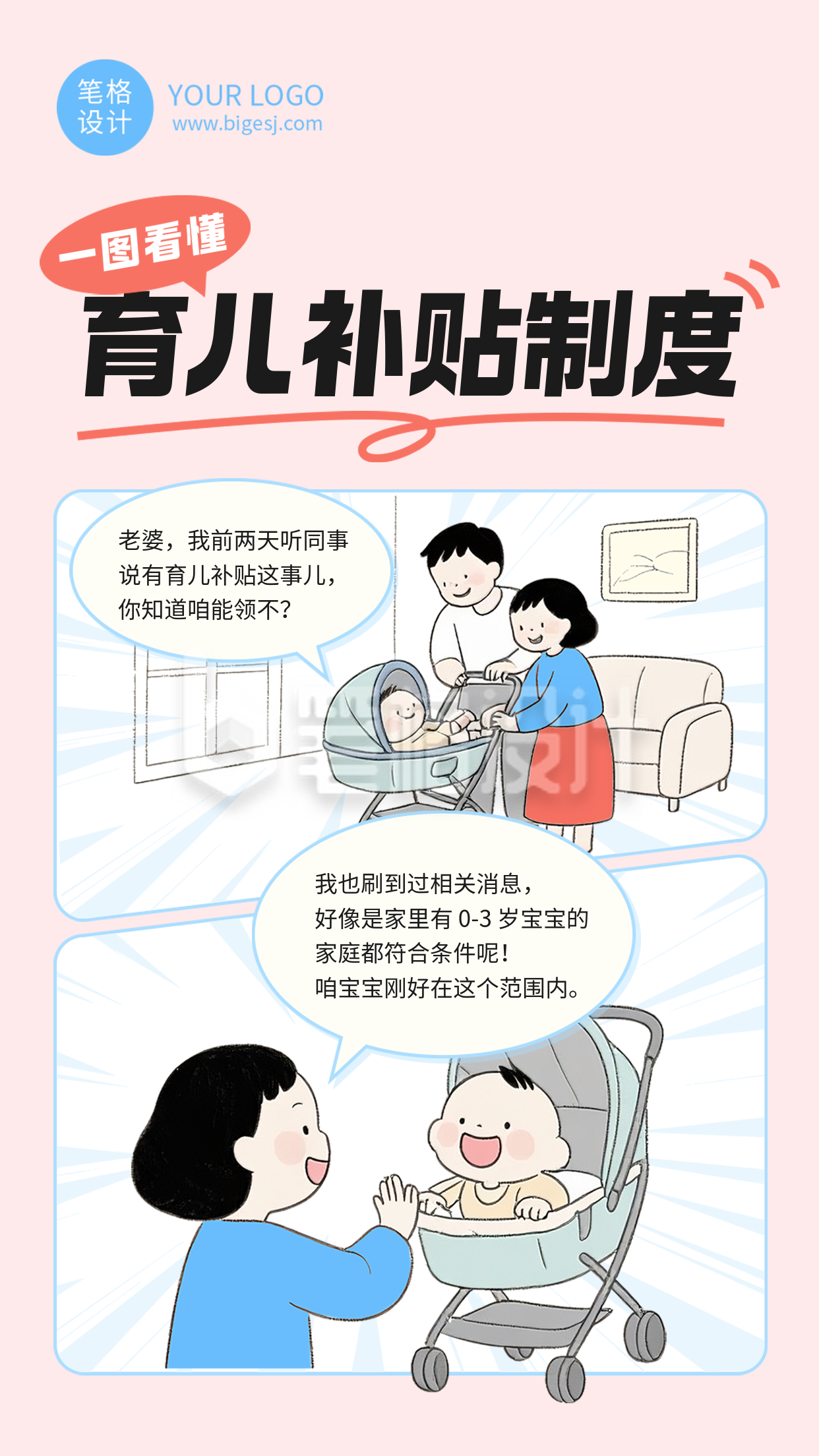 育儿补贴制度解读科普红色宣传海报