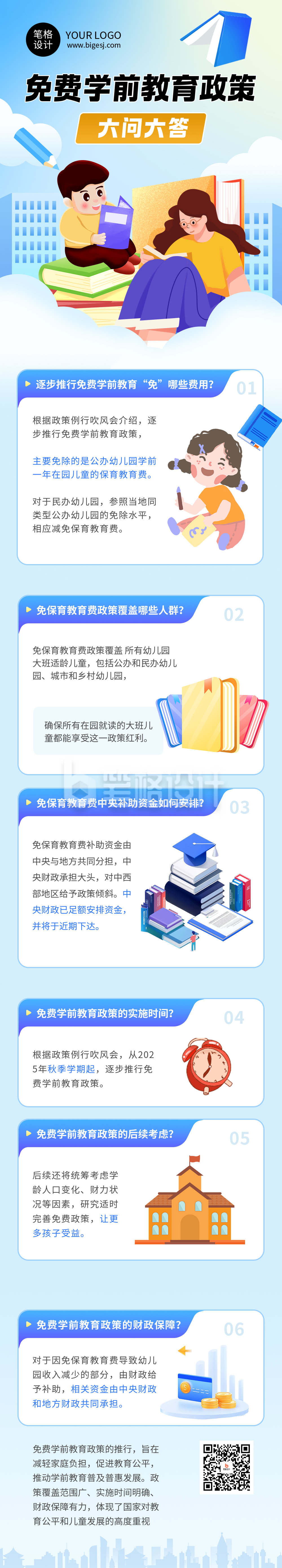免费学前教育政策解读简约蓝色公众号长图