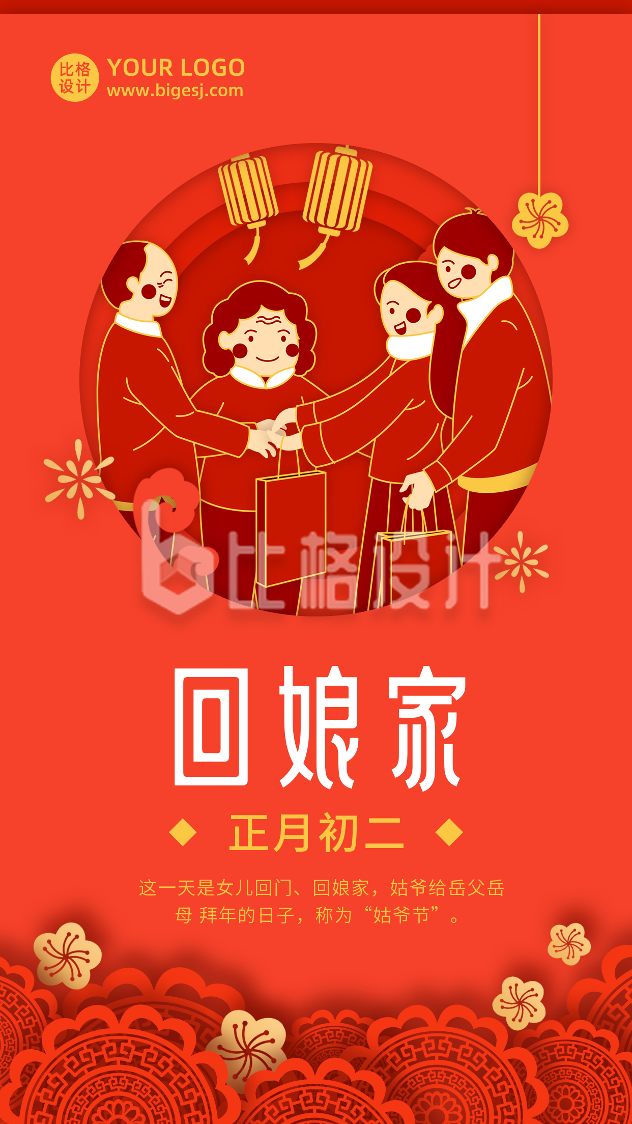 春节大年初二回娘家年俗剪纸风手机海报