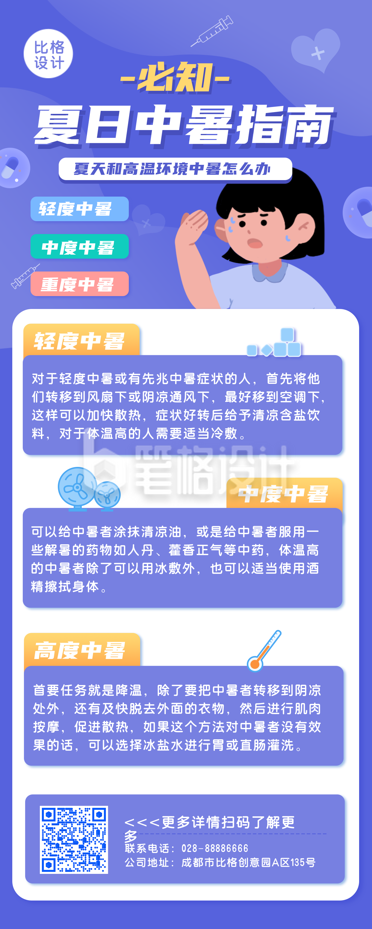 手绘夏日中暑指南长图海报