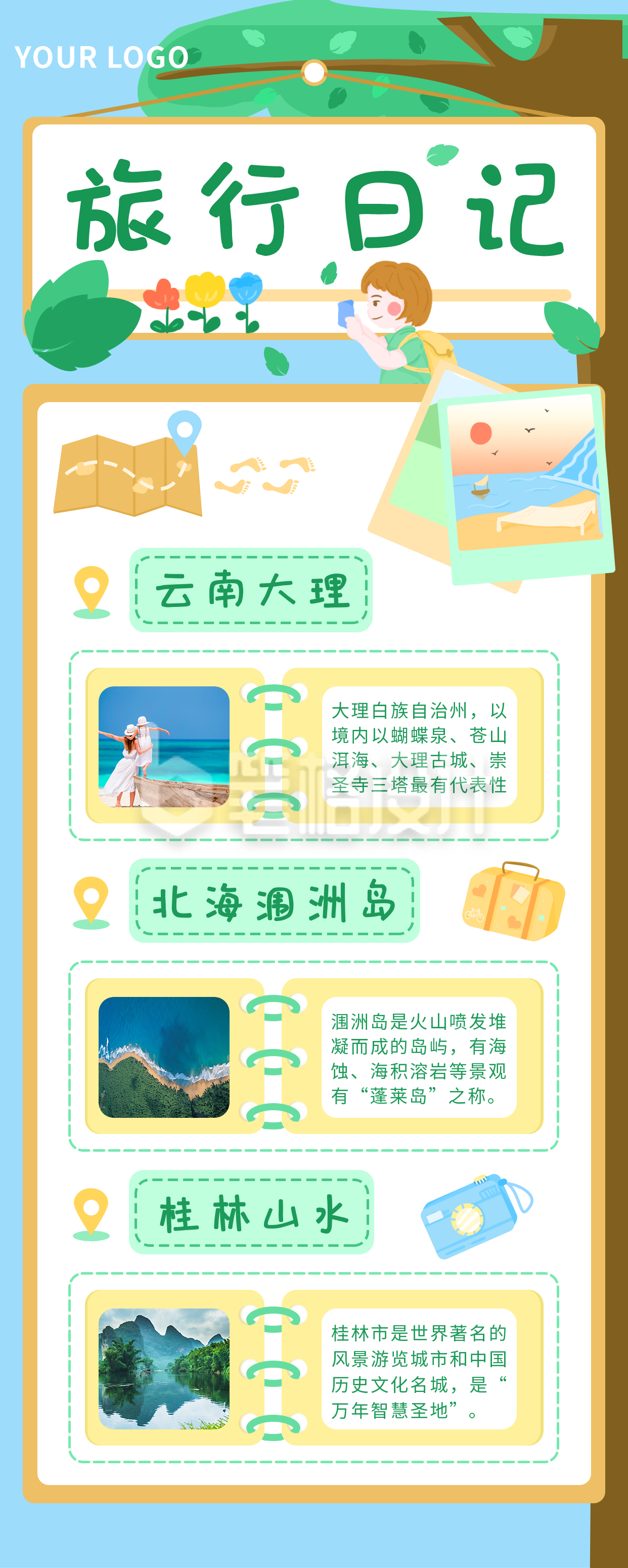 清新手绘旅游出行手账风长图海报