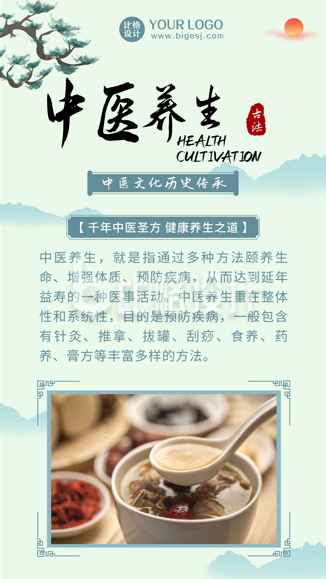 中医养生食疗药草指南中国风绿色手机海报