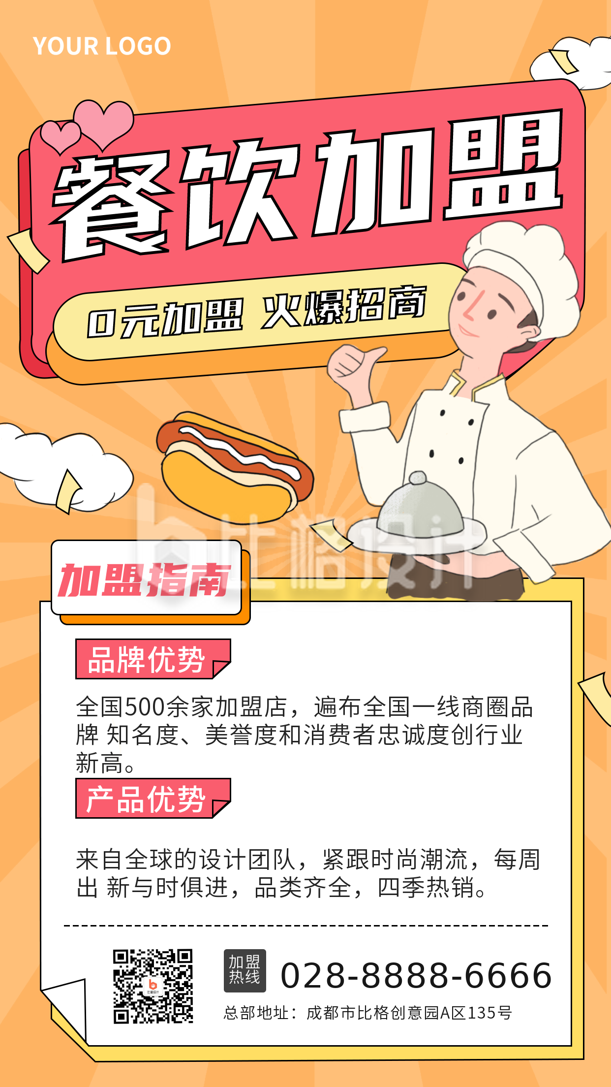 手绘厨师餐饮加盟手机宣传手机海报