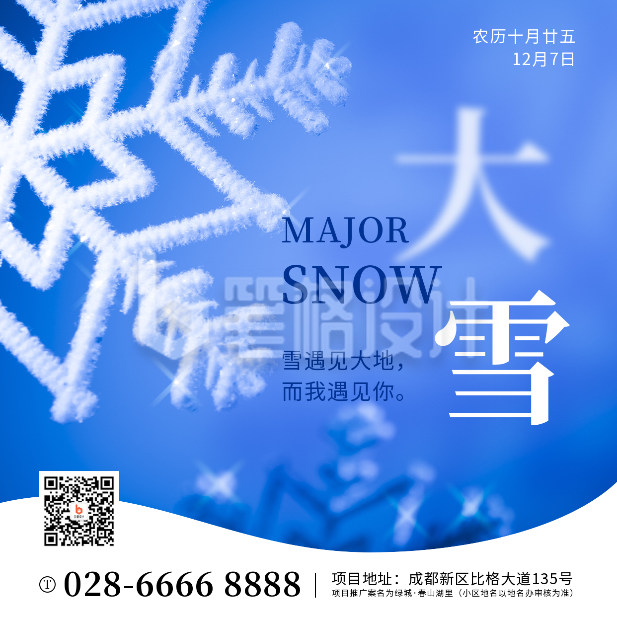 大雪小雪节气冬天雪花简约实景方形海报