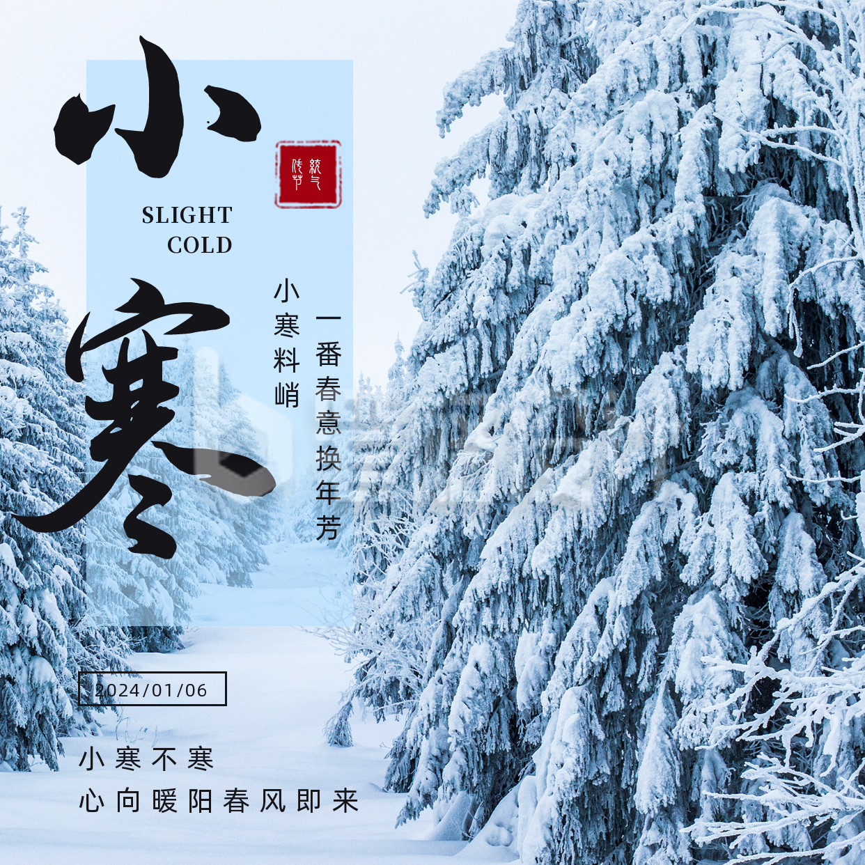 简约雪景小寒节气方形海报