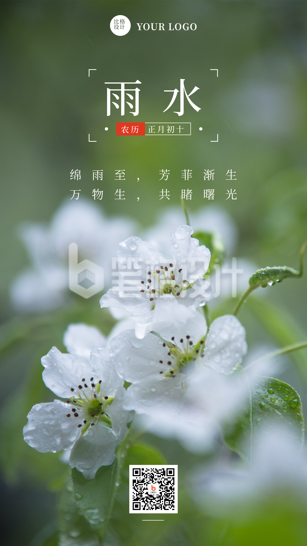 二十四节气雨水简约实景绿色手机海报