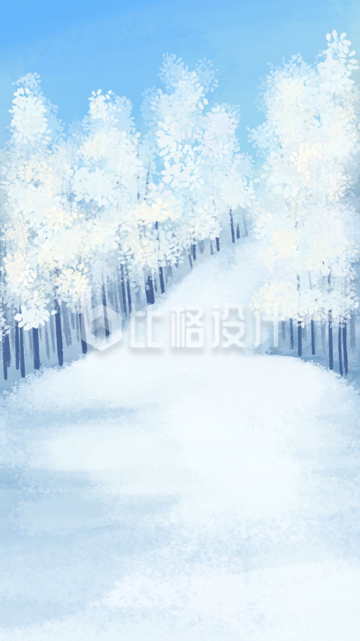 蓝色小清新手绘雪景森林唯美浪漫手机壁纸
