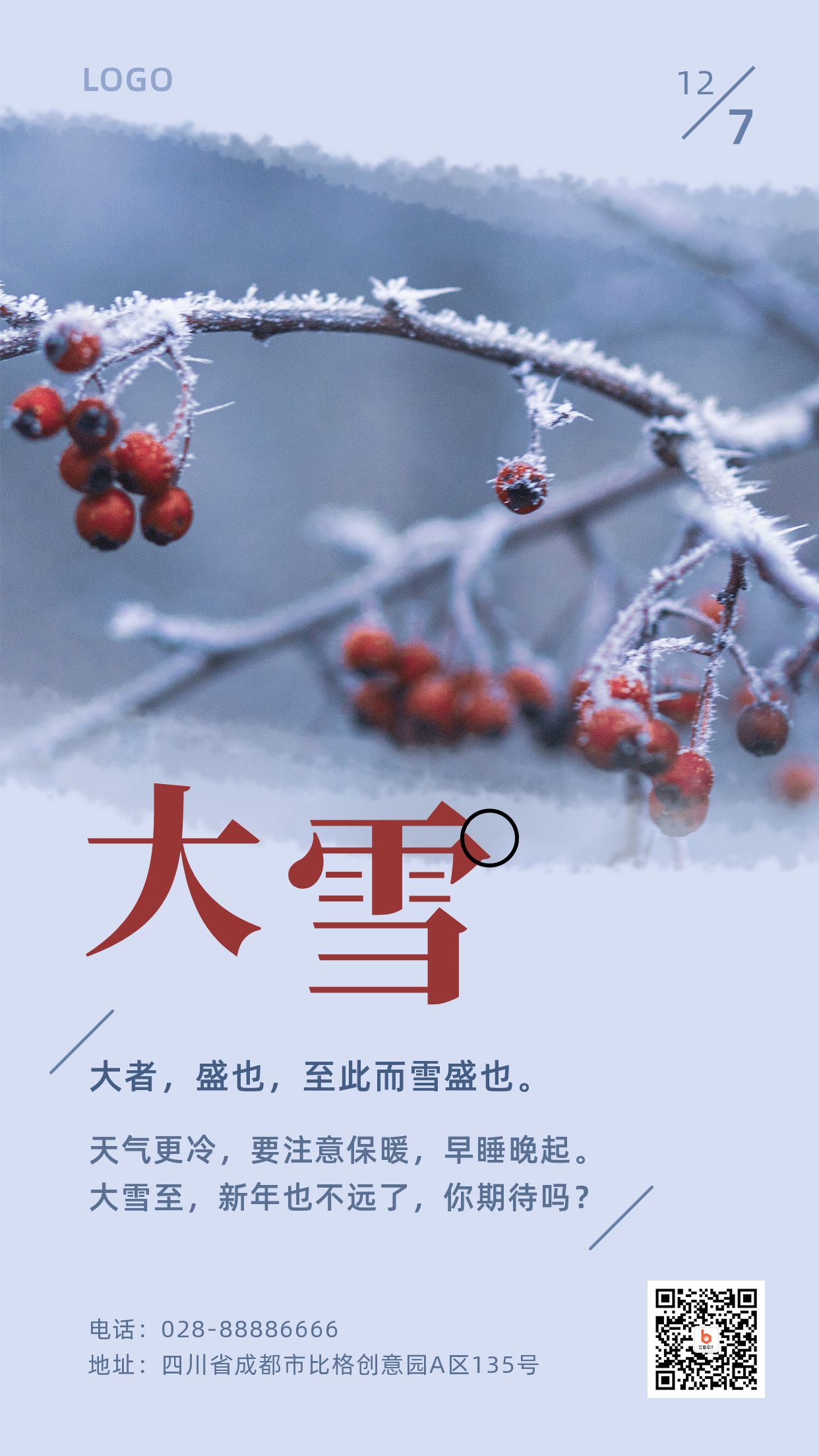 二十四节气大雪冬季霜雪浆果实景日签手机海报