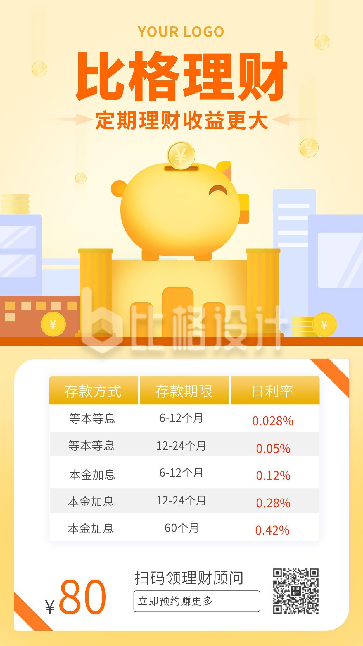 金融理财投资赚钱利率表格卡通金猪手机海报