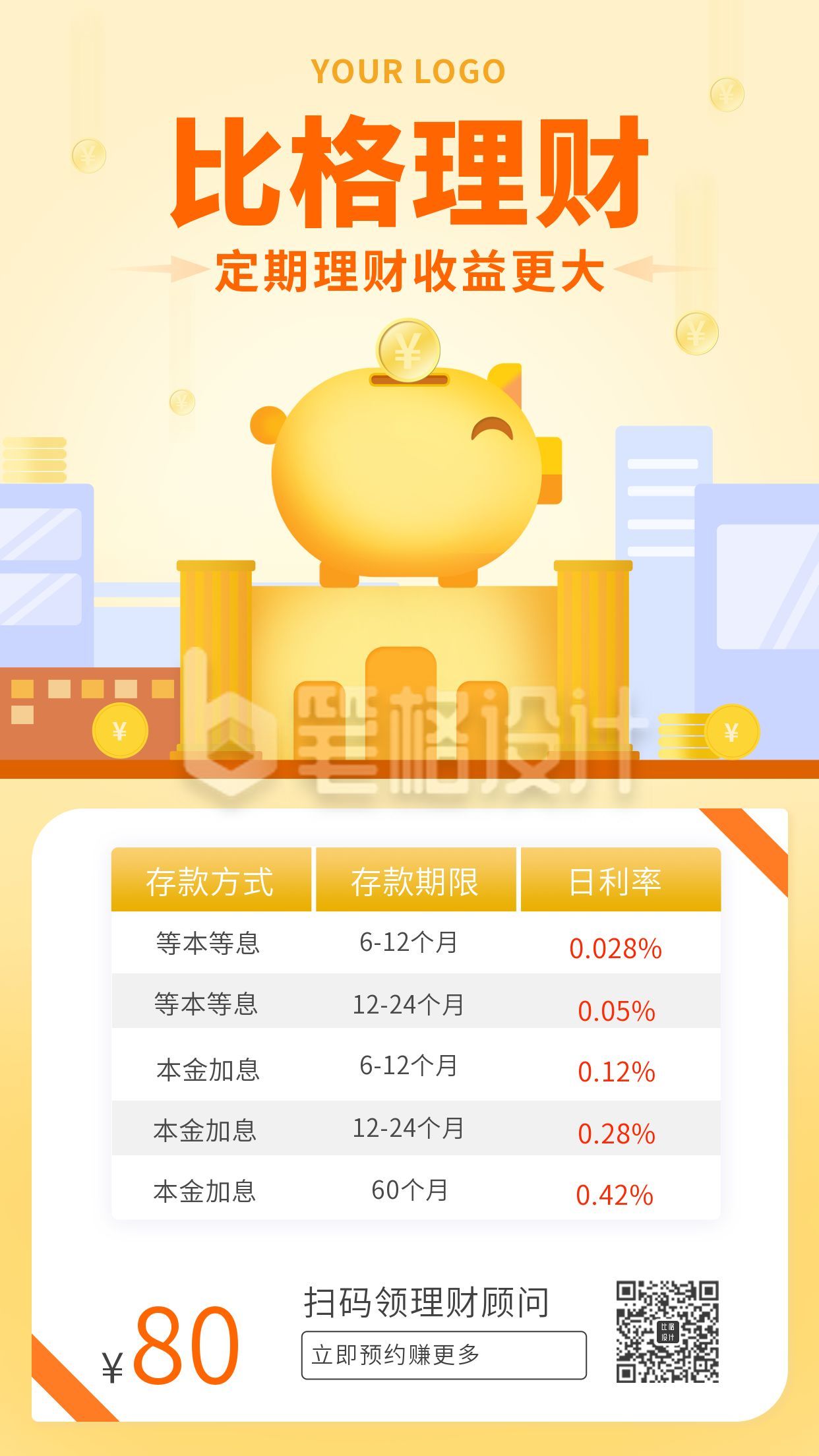 金融理财投资赚钱利率表格卡通金猪手机海报