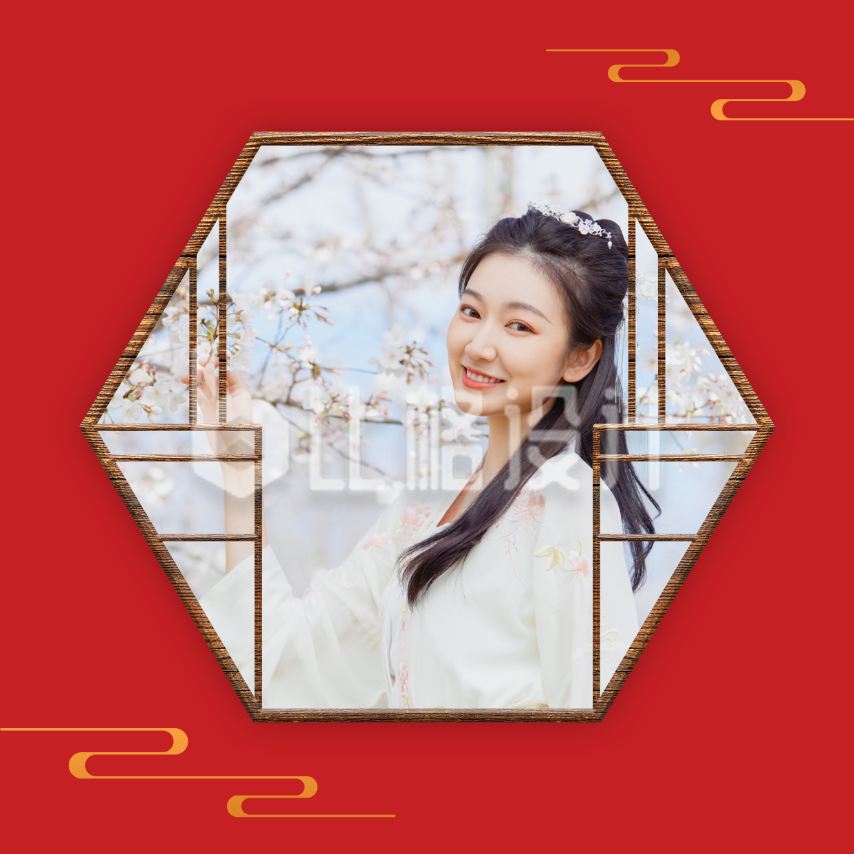 红色古典中国风木质窗格汉服少女头像