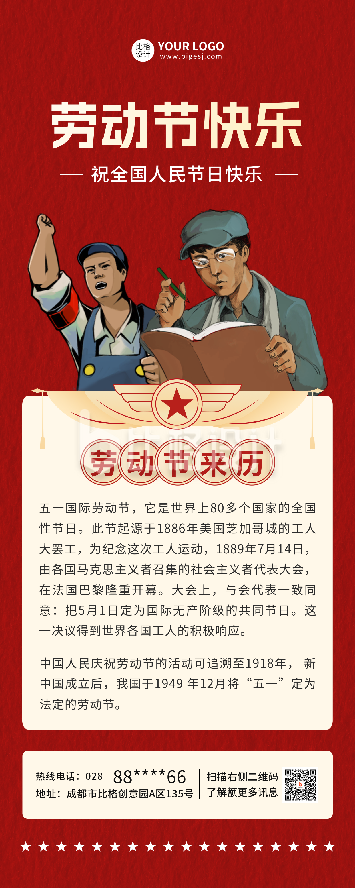 中国风五一劳动节来历长图海报