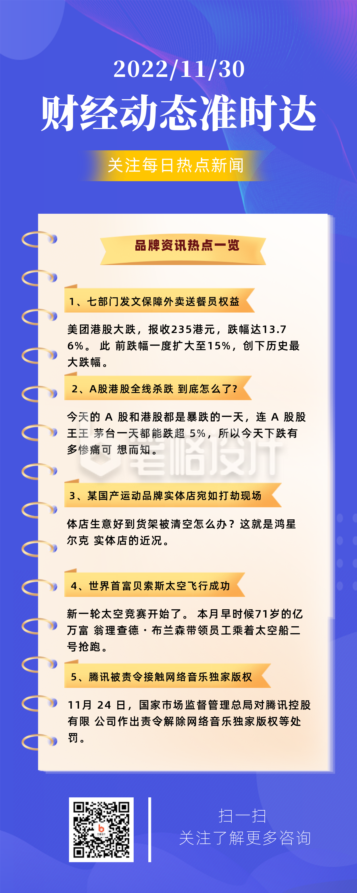 蓝色商务风财经动态准时达资讯长图海报