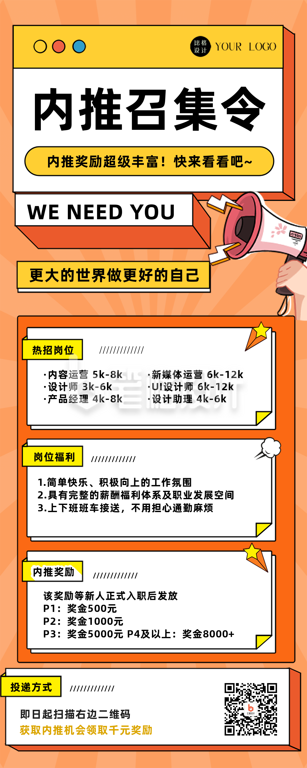 内推招聘橙色扁平风长图海报 内推招聘橙色扁平风长图海报
