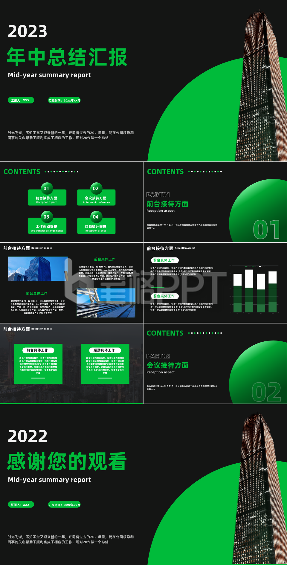 黑绿色图文风年中工作总结报告PPT