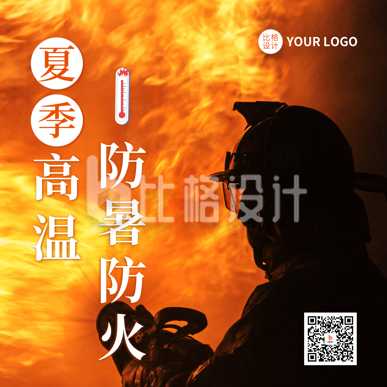 夏季高温防暑防火宣传方形海报