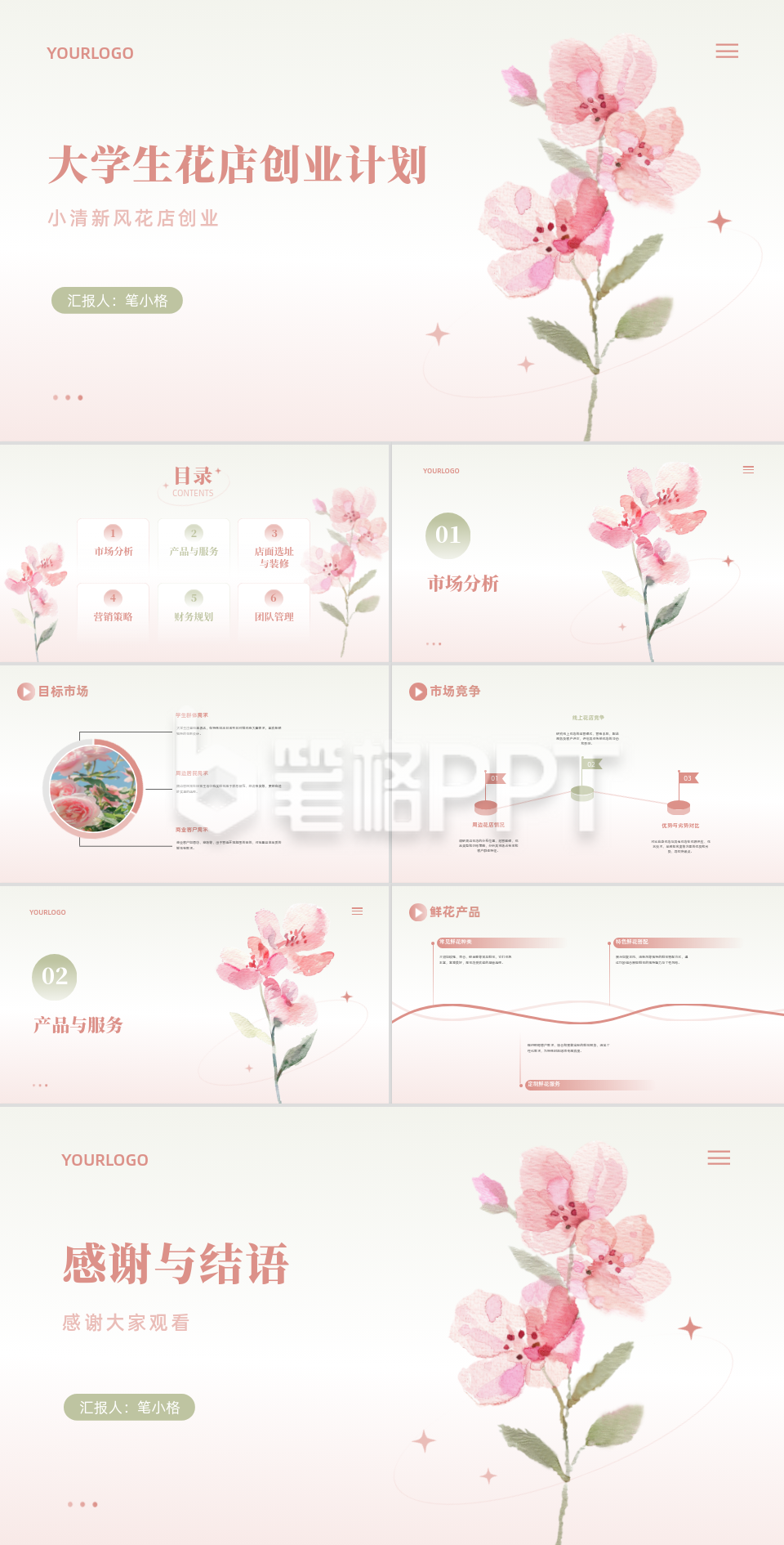 水粉小清新大学生花店创业计划PPT