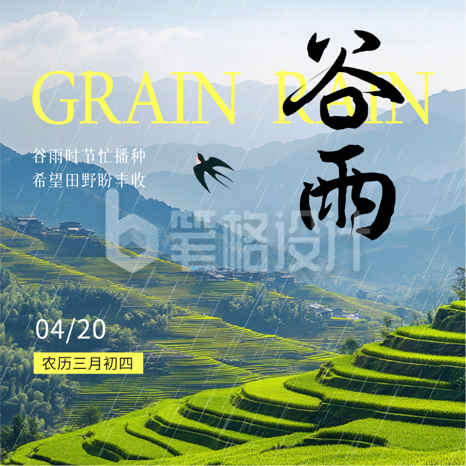 谷雨节气实景祝福方形海报
