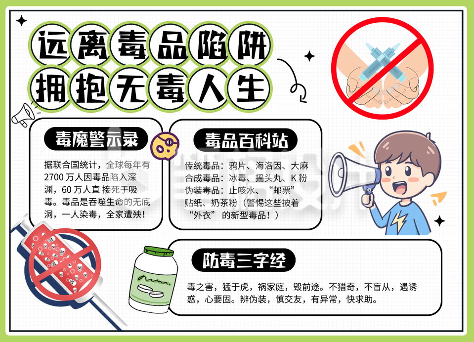 禁毒宣传绿色卡通手抄报