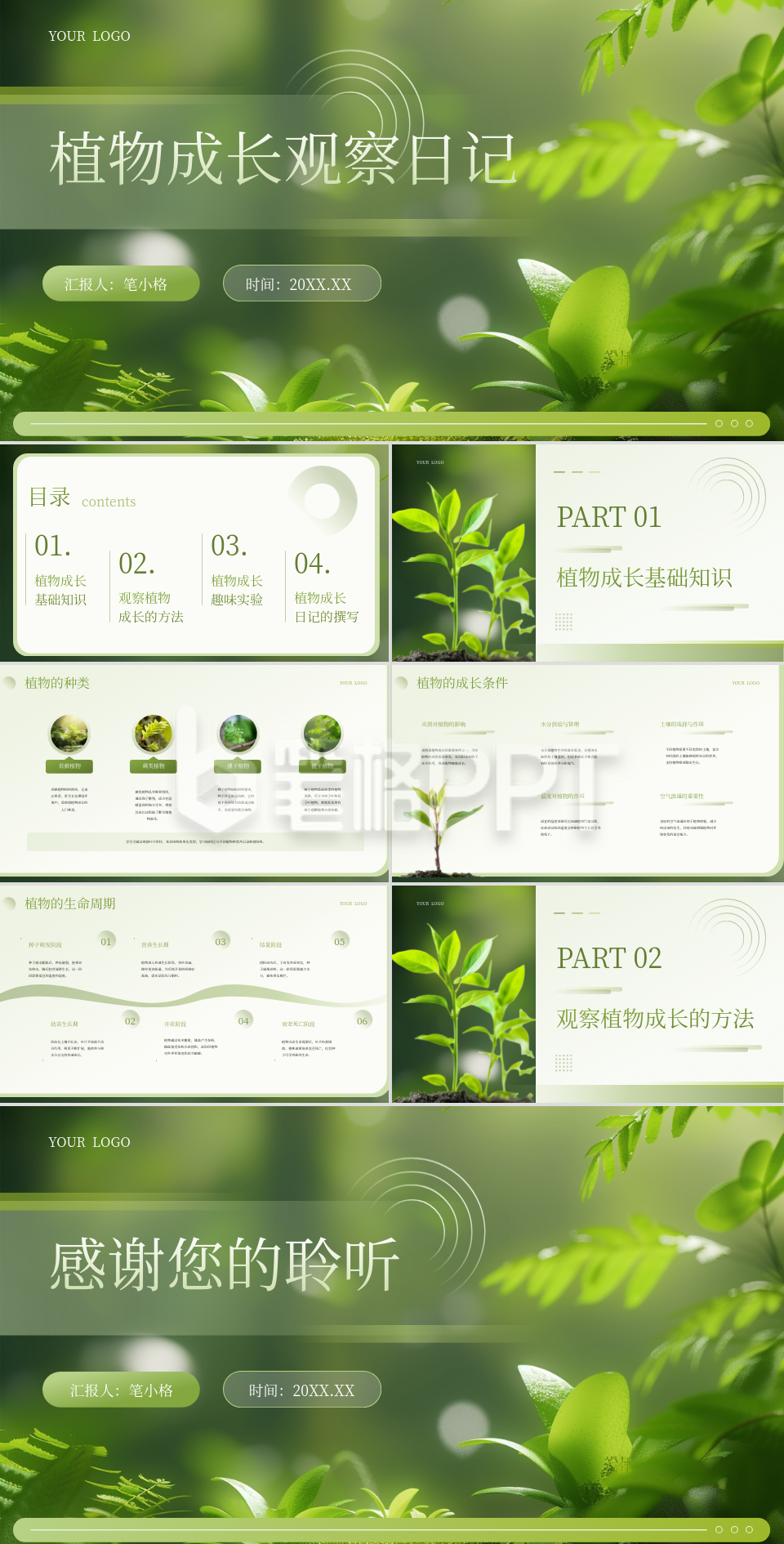 绿色学术风教育行业植物成长观察日记PPT