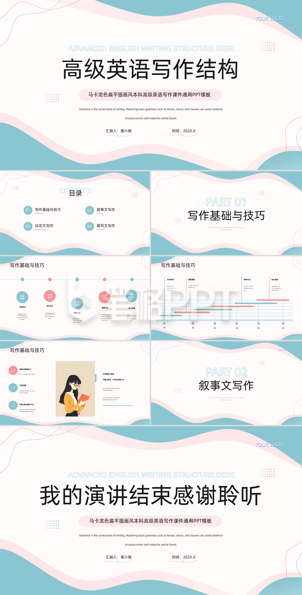 粉蓝色简约风英语写作结构台PPT