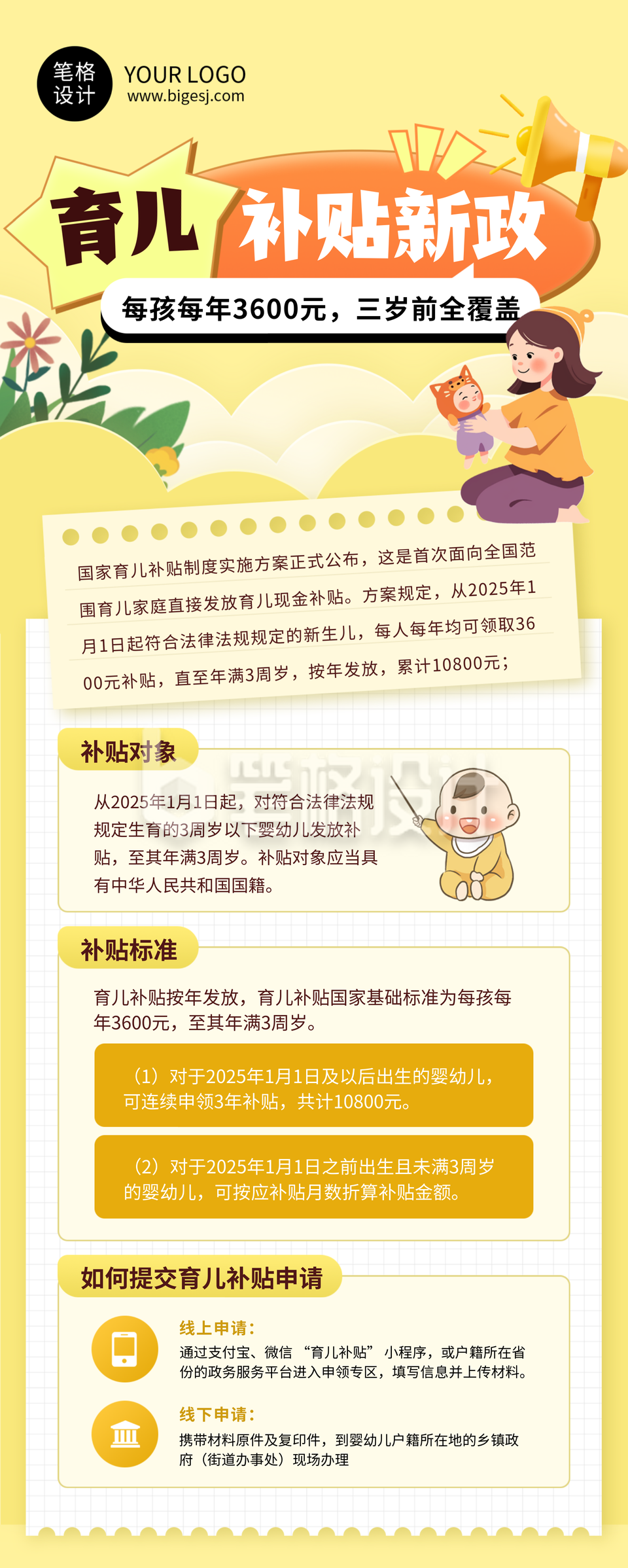 育儿补贴新政科普简约黄色长图海报