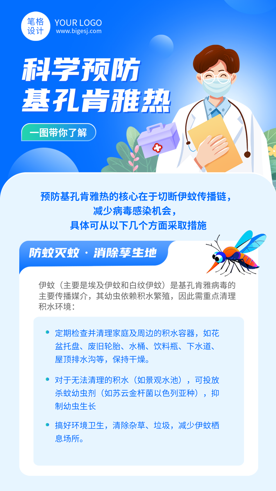 科学预防基孔肯雅热医疗知识科普蓝色宣传海报