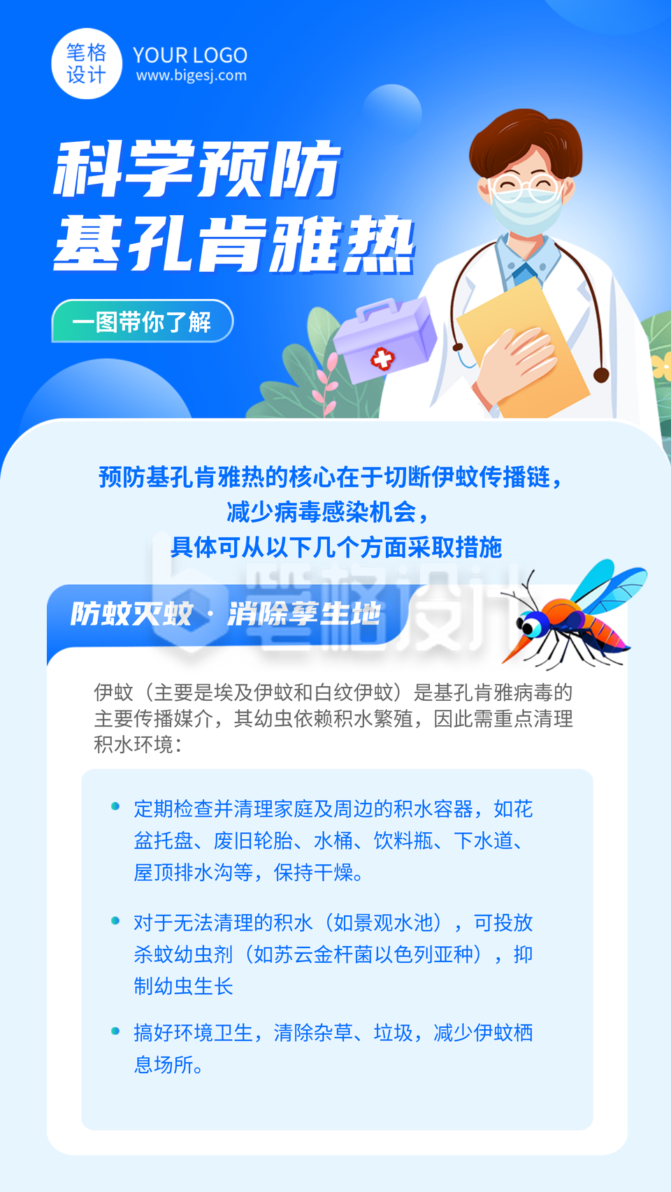 科学预防基孔肯雅热医疗知识科普蓝色宣传海报 科学预防基孔肯雅热医疗知识科普蓝色宣传海报