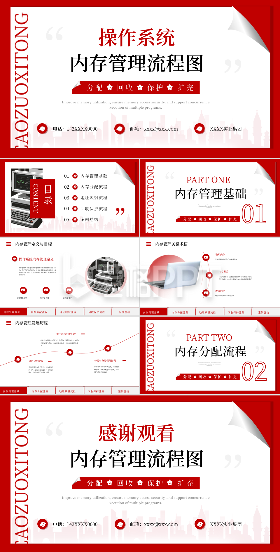 红色学术简约风教学课件考研操作系统内存管理流程图PPT