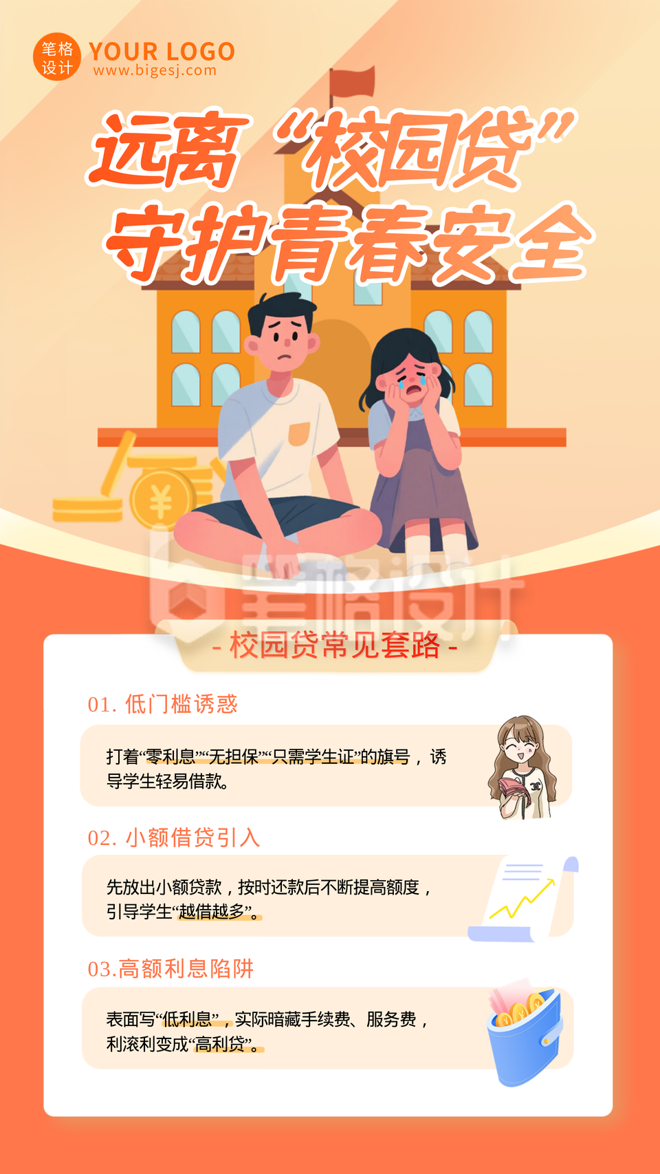 橙色卡通校园贷反诈知识科普海报