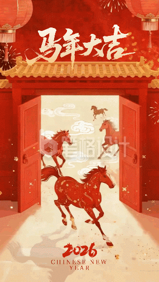 红黄色手绘马年祝福动态海报