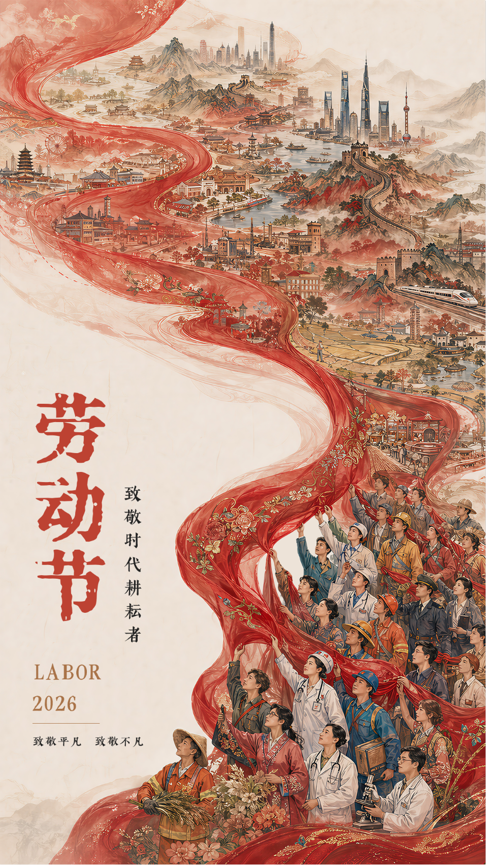 五一劳动节画卷祝福海报