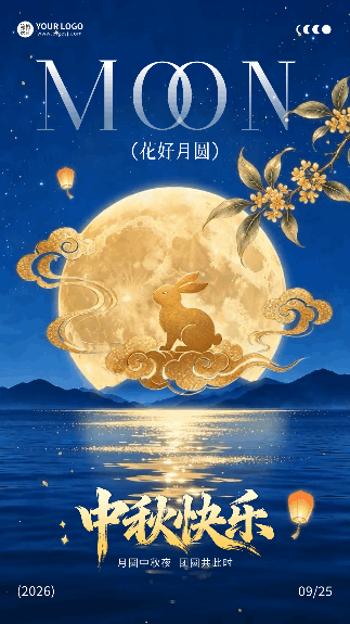 中秋节深蓝色夜景祝福动态海报