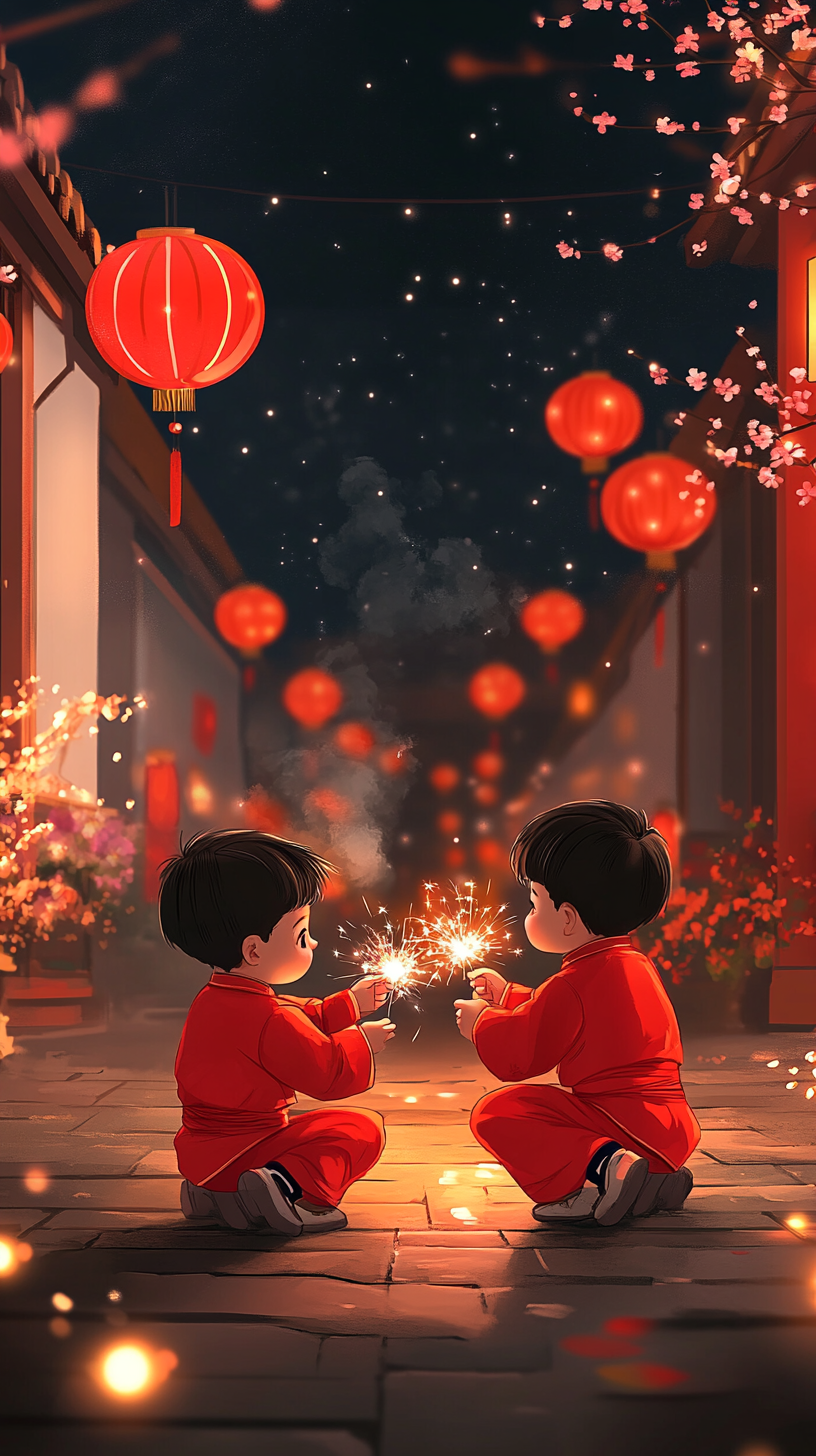 红衣孩童玩烟花