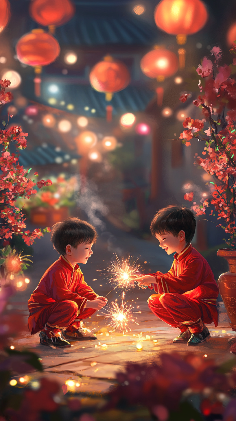 穿红衣的儿童玩烟花