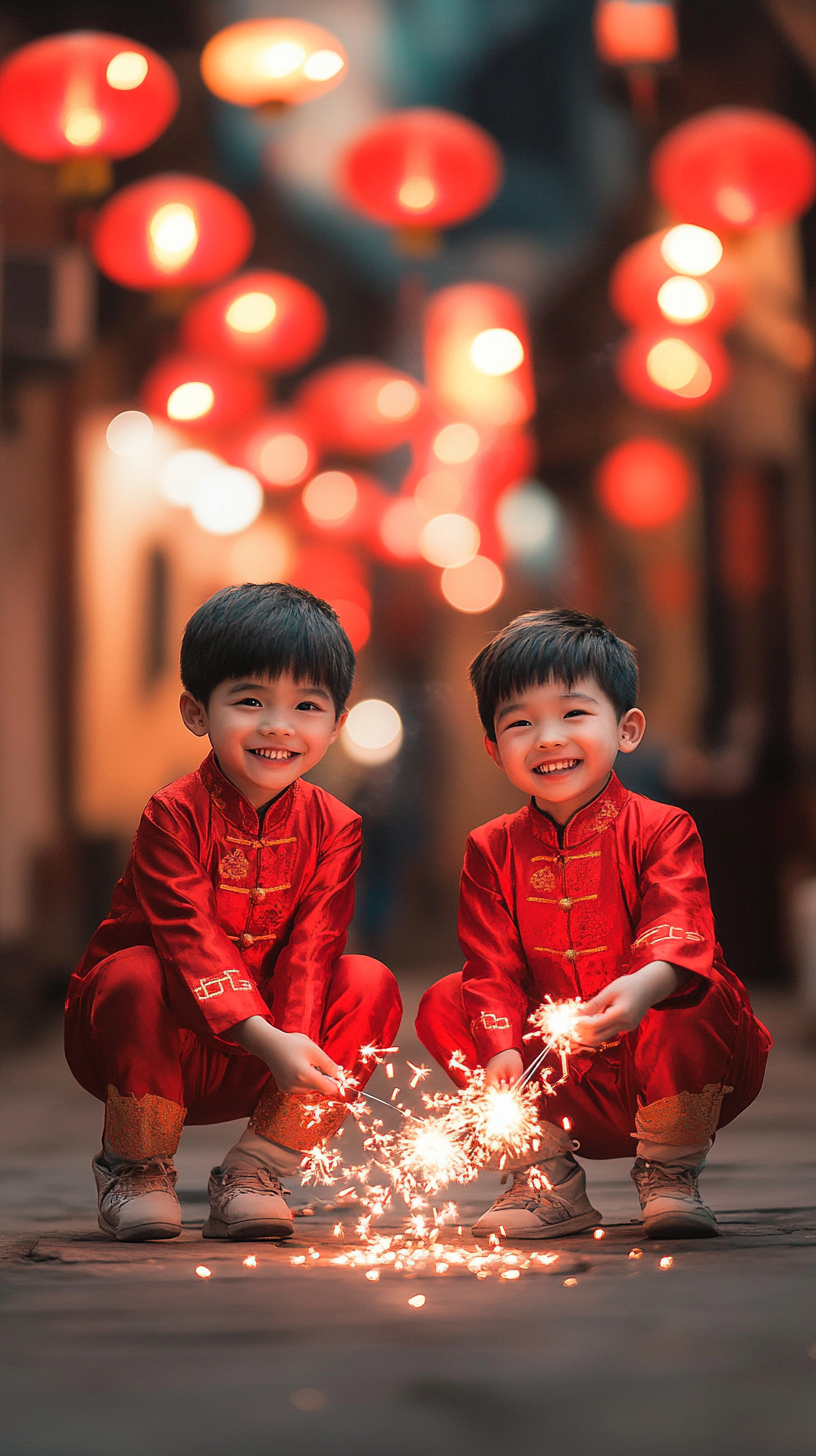 身着红衣的儿童玩烟花