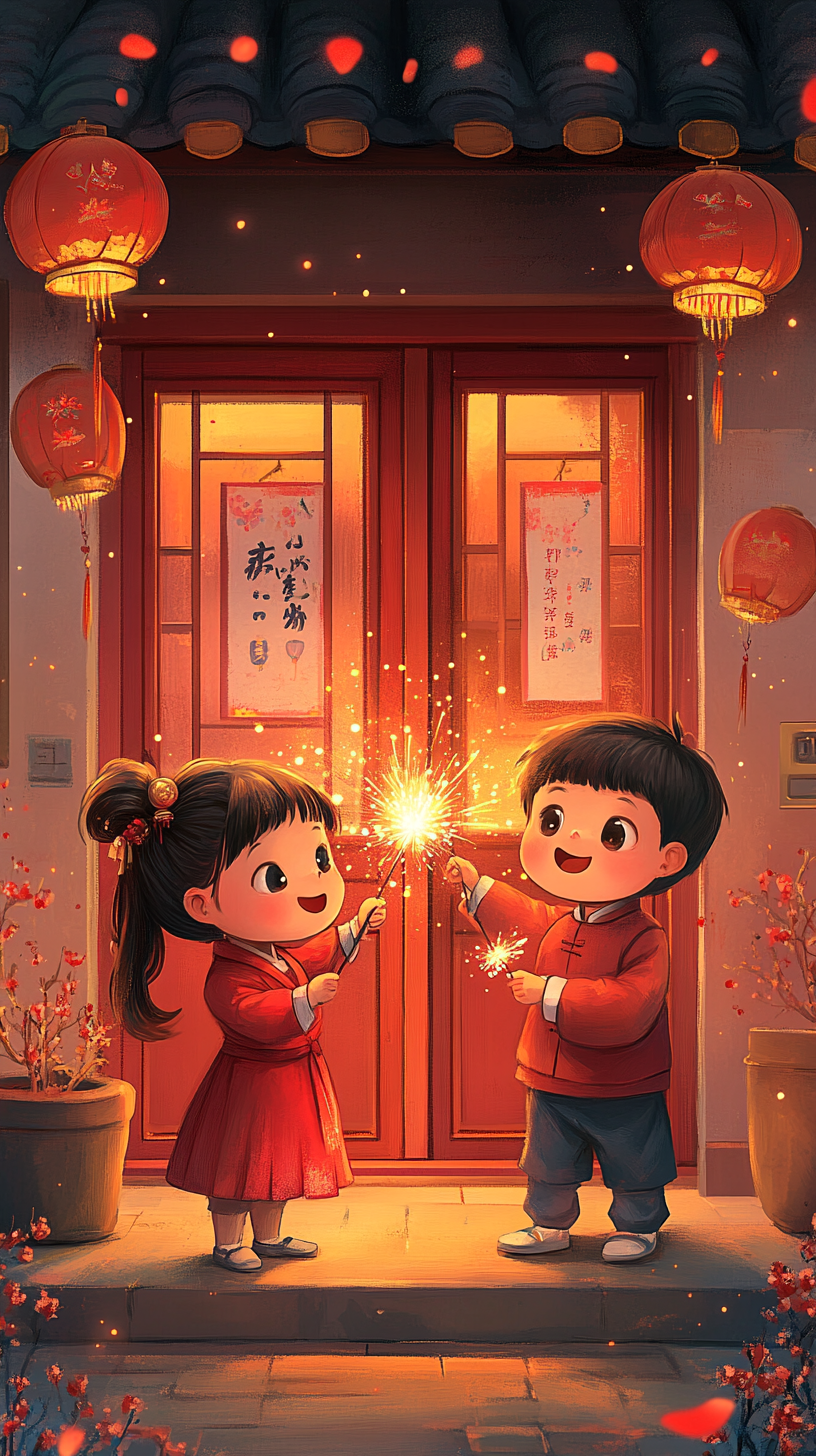 可爱孩童燃烟花