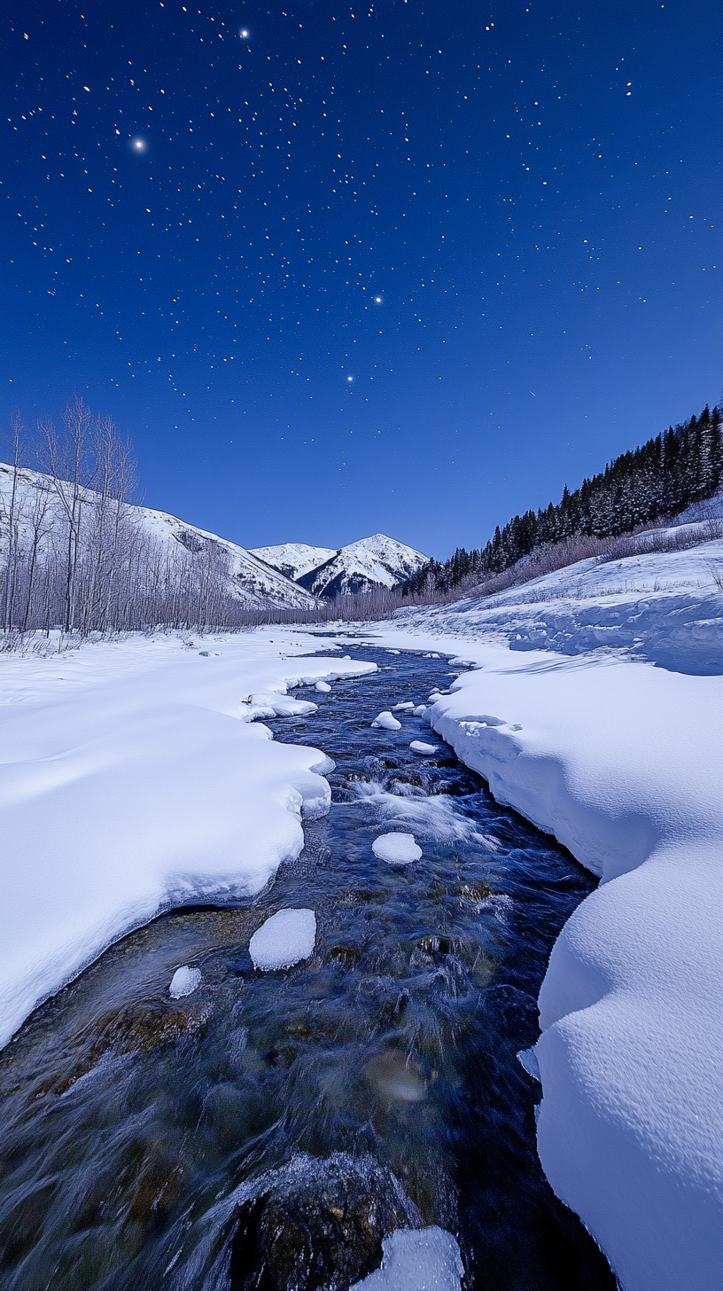 雪山星空下的溪流美景