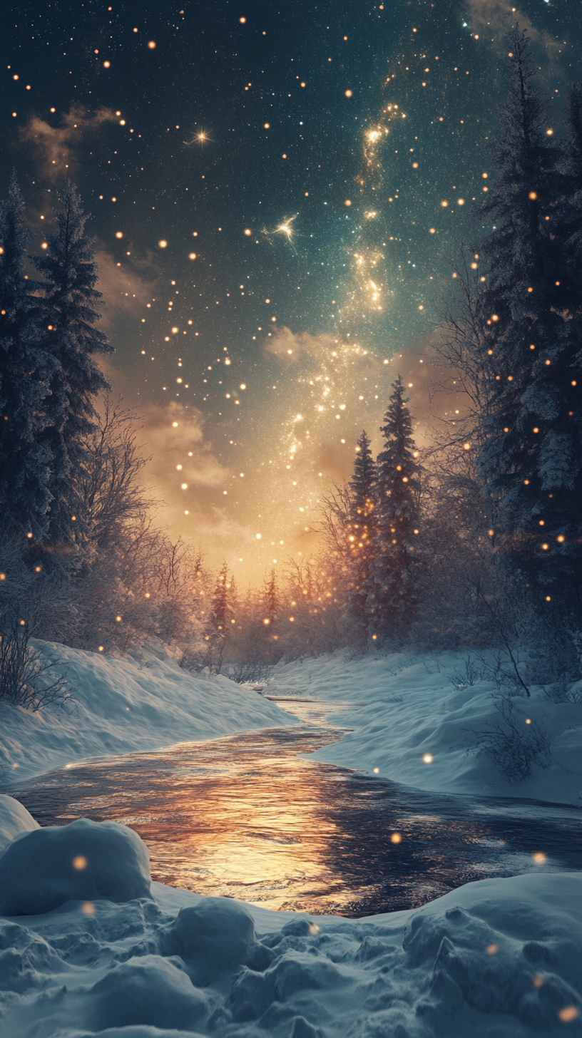 星空下雪地森林小溪