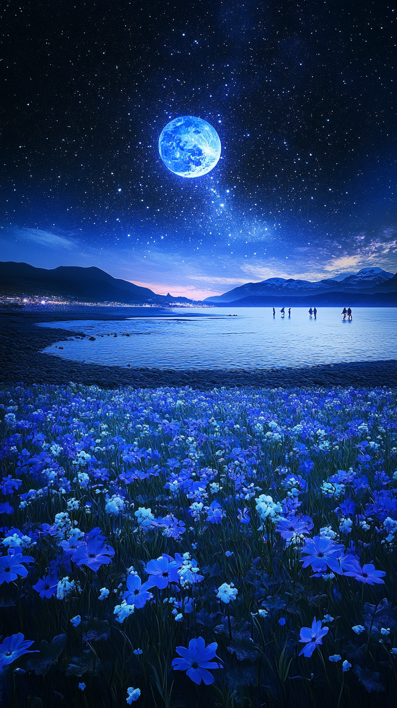 梦幻蓝月星空下的湖畔蓝花美