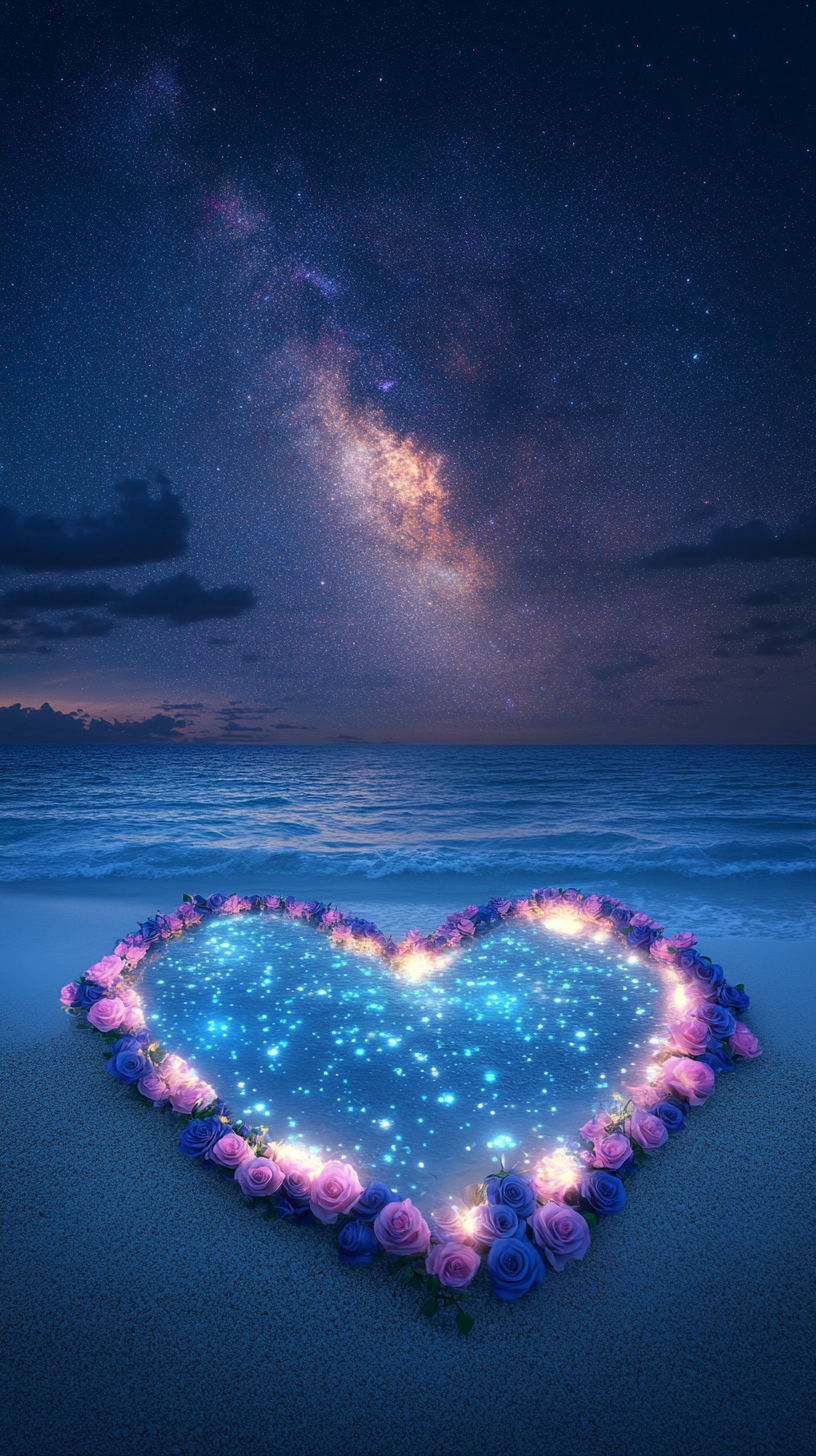 浪漫星空爱心玫瑰沙滩