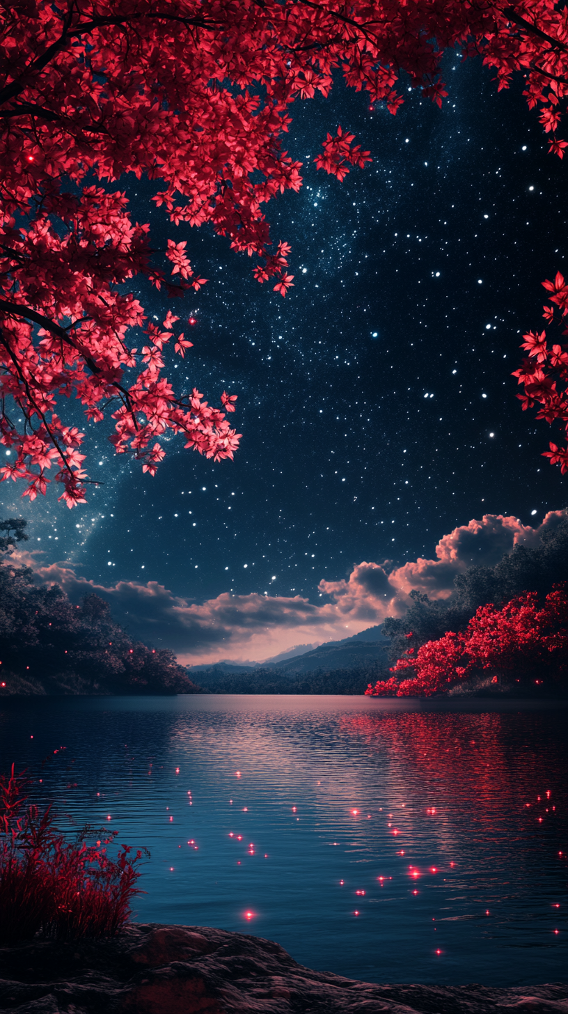 星空下湖水边红叶摇曳