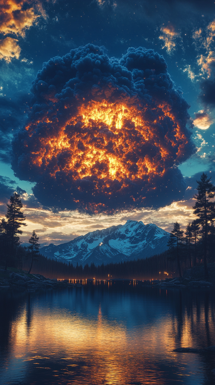 壮观山林湖泊上熊熊燃烧的巨大爆炸云景象