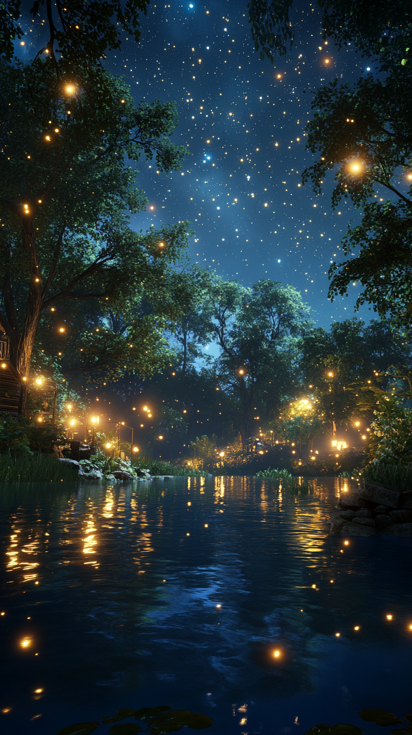 繁星闪烁的湖泊夜景