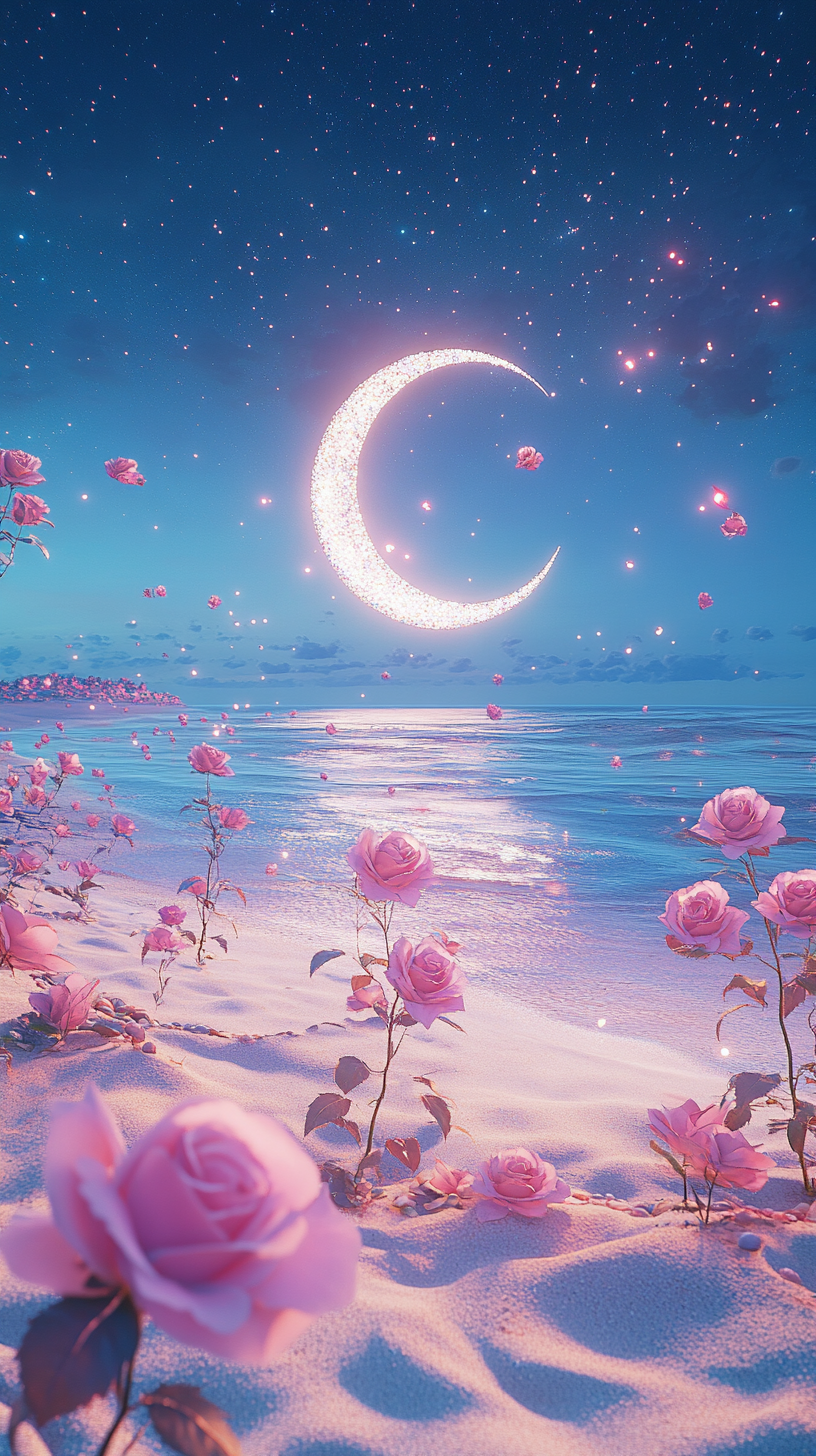 唯美沙滩夜景月牙玫瑰图