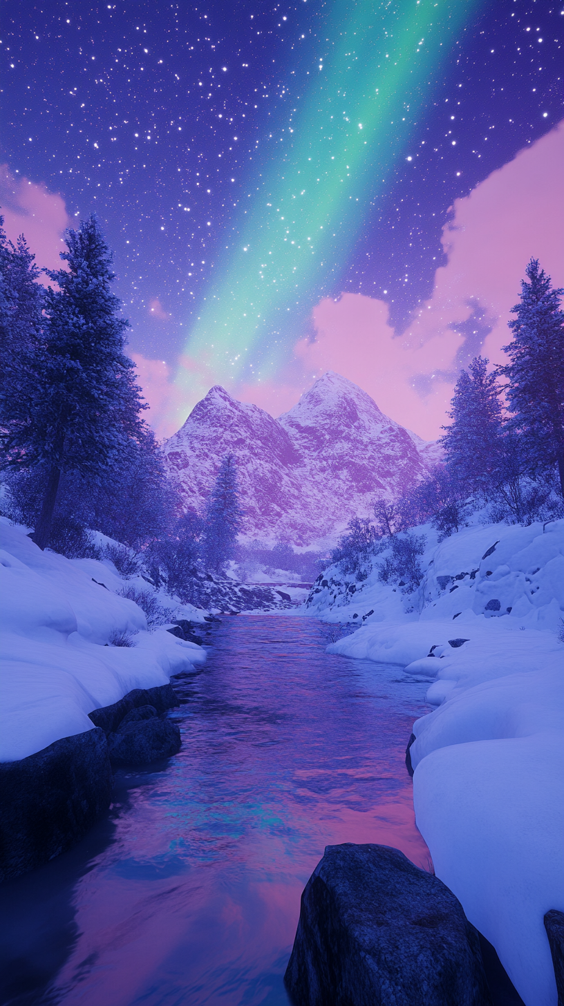 梦幻星空下的雪山河流