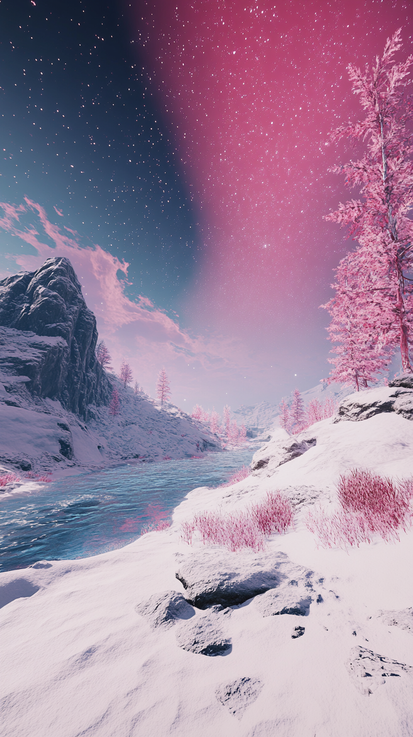梦幻粉色系雪山星空美景
