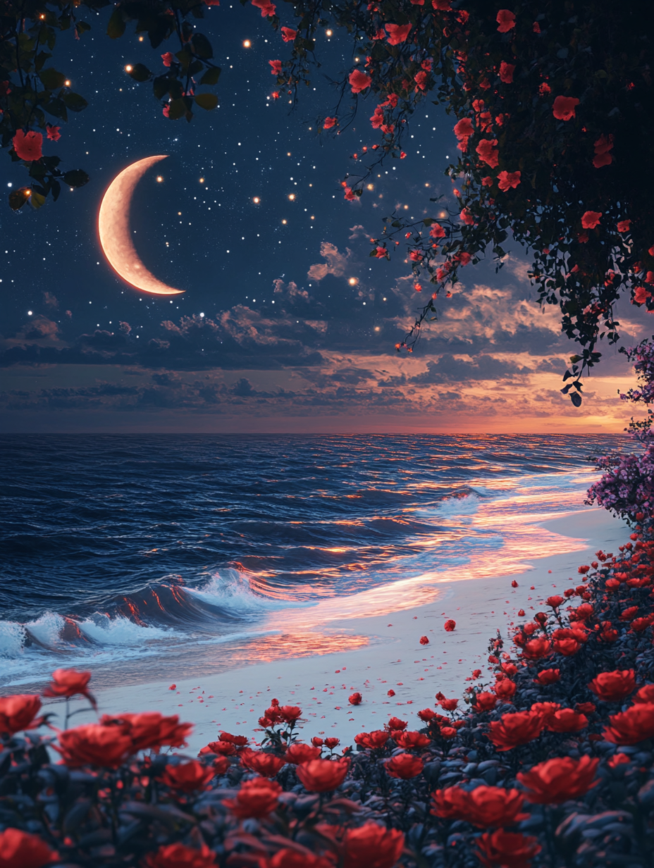 海边星月相伴红玫瑰